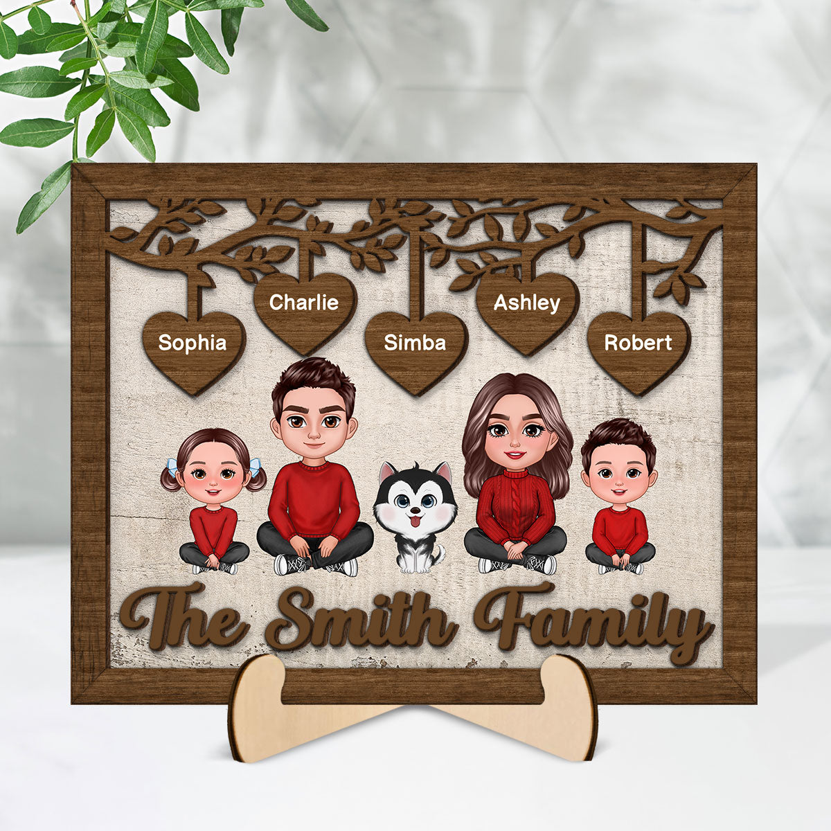 Family Sitting Crossed Legs Under Tree Personalized 2-layered Wooden Plaque