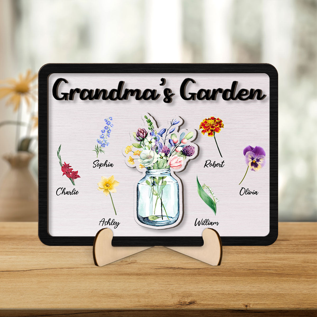 Grandma‘s Garden Birth Month Flowers Flowers In Jar Personalized 2-layer Wooden Plaque