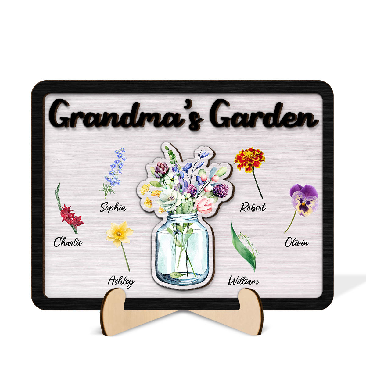 Grandma‘s Garden Birth Month Flowers Flowers In Jar Personalized 2-layer Wooden Plaque