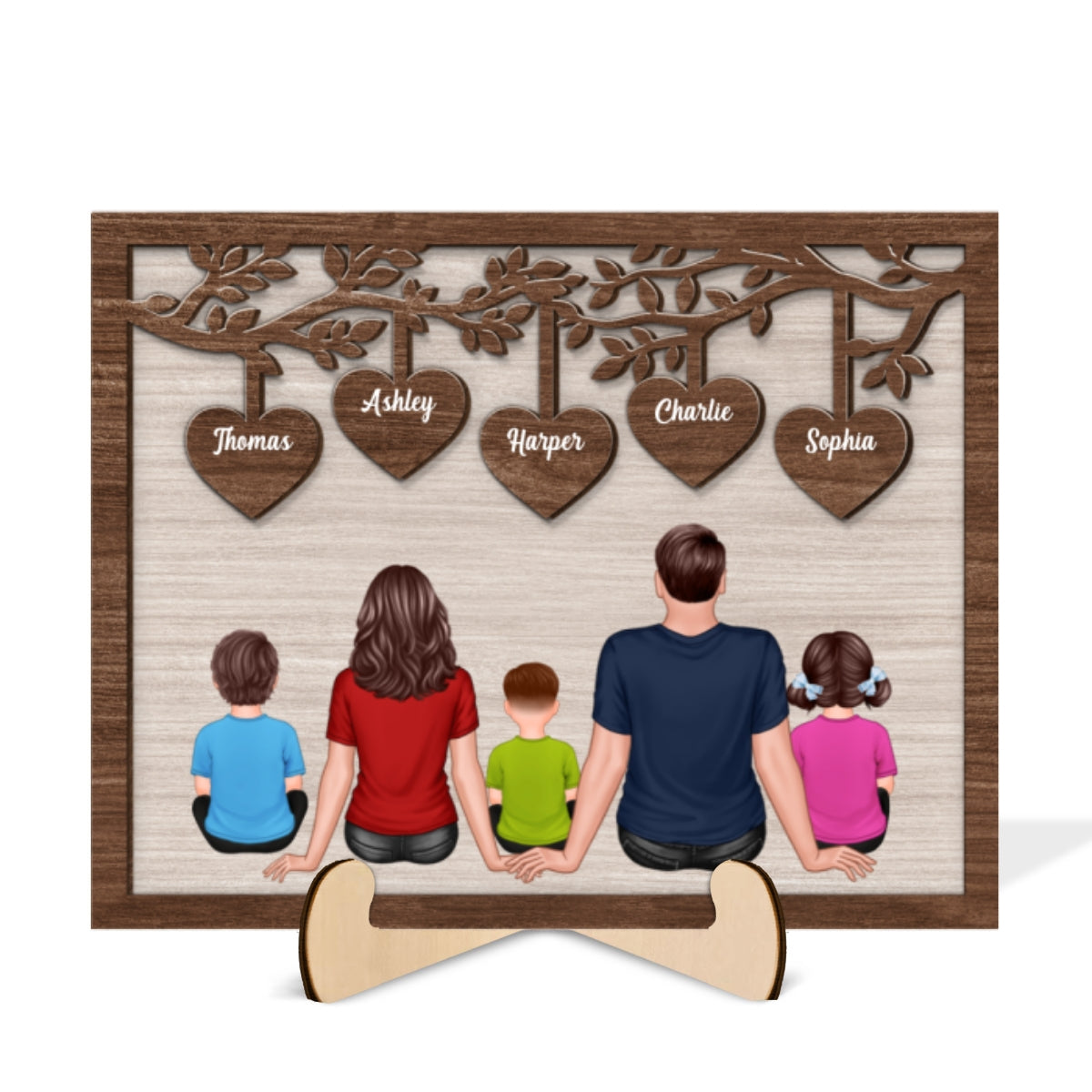 The Whole Family Sitting Under Heart Tree Personalized 2-Layered Wooden Plaque