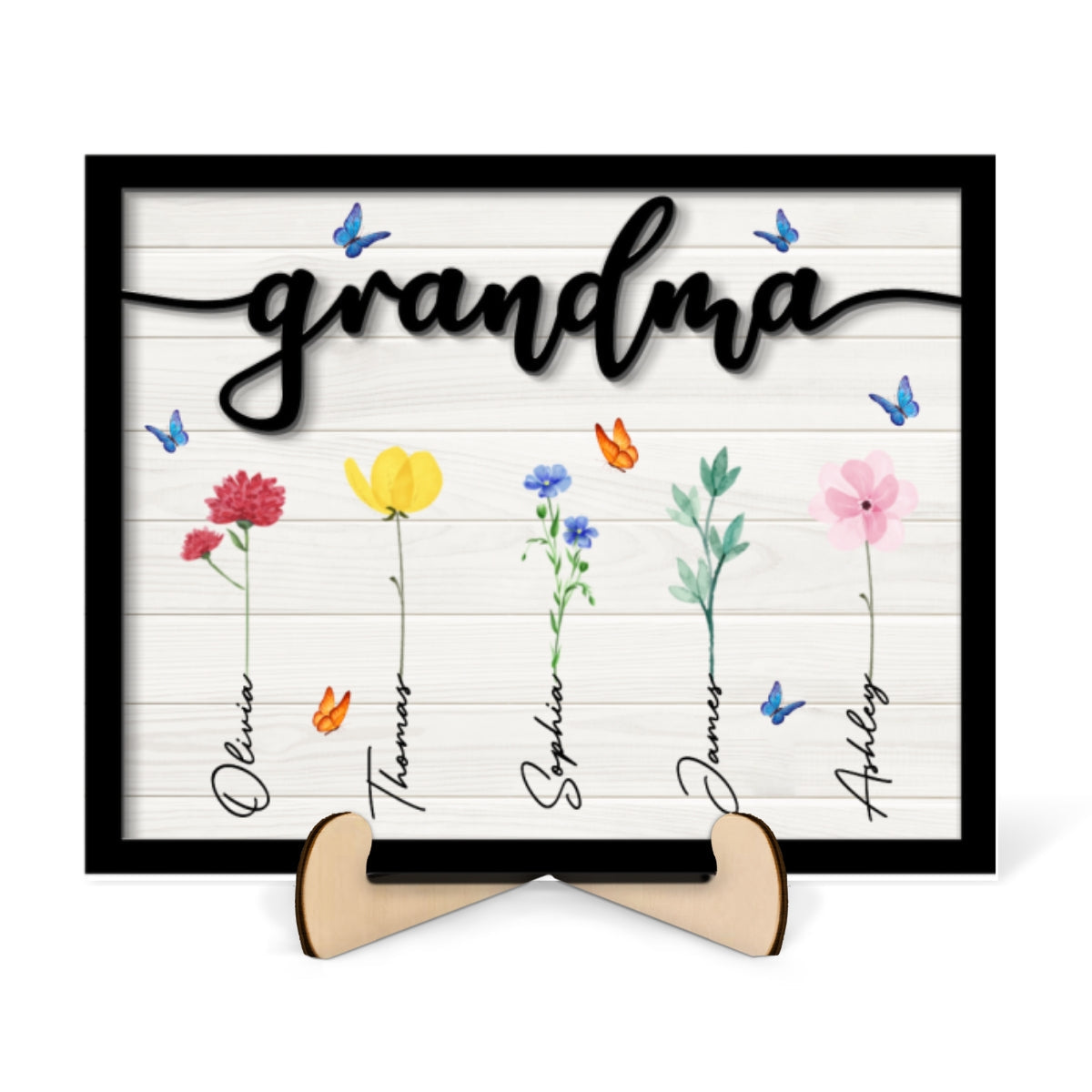 Grandma Grandkids Watercolor Flowers Personalized 2-Layered Wooden Plaque
