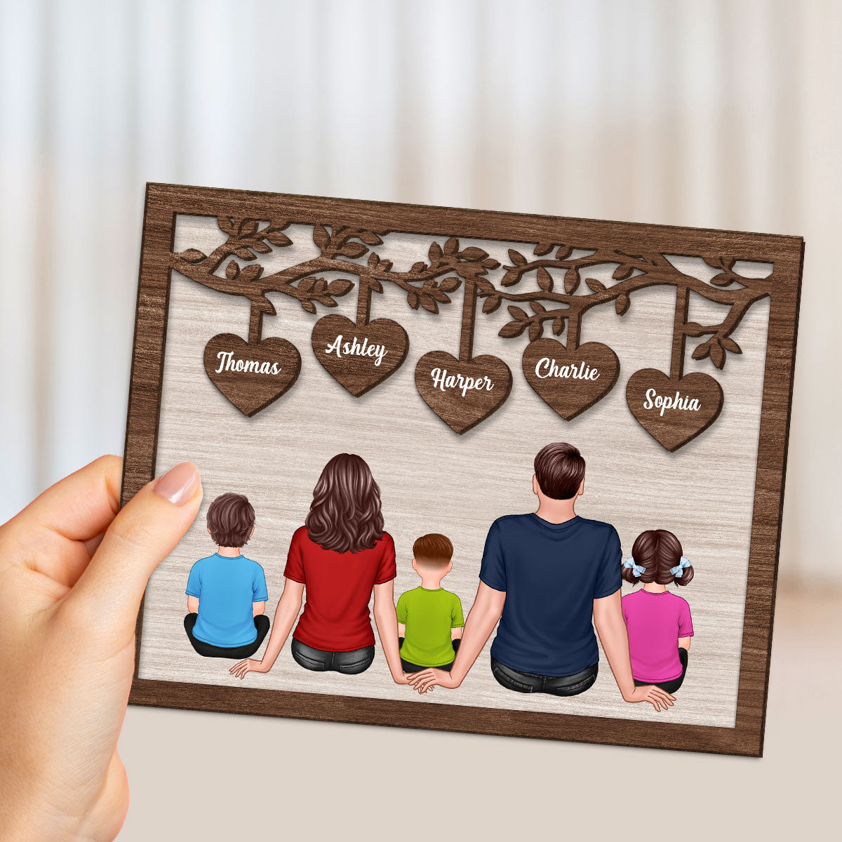 The Whole Family Sitting Under Heart Tree Personalized 2-Layered Wooden Plaque