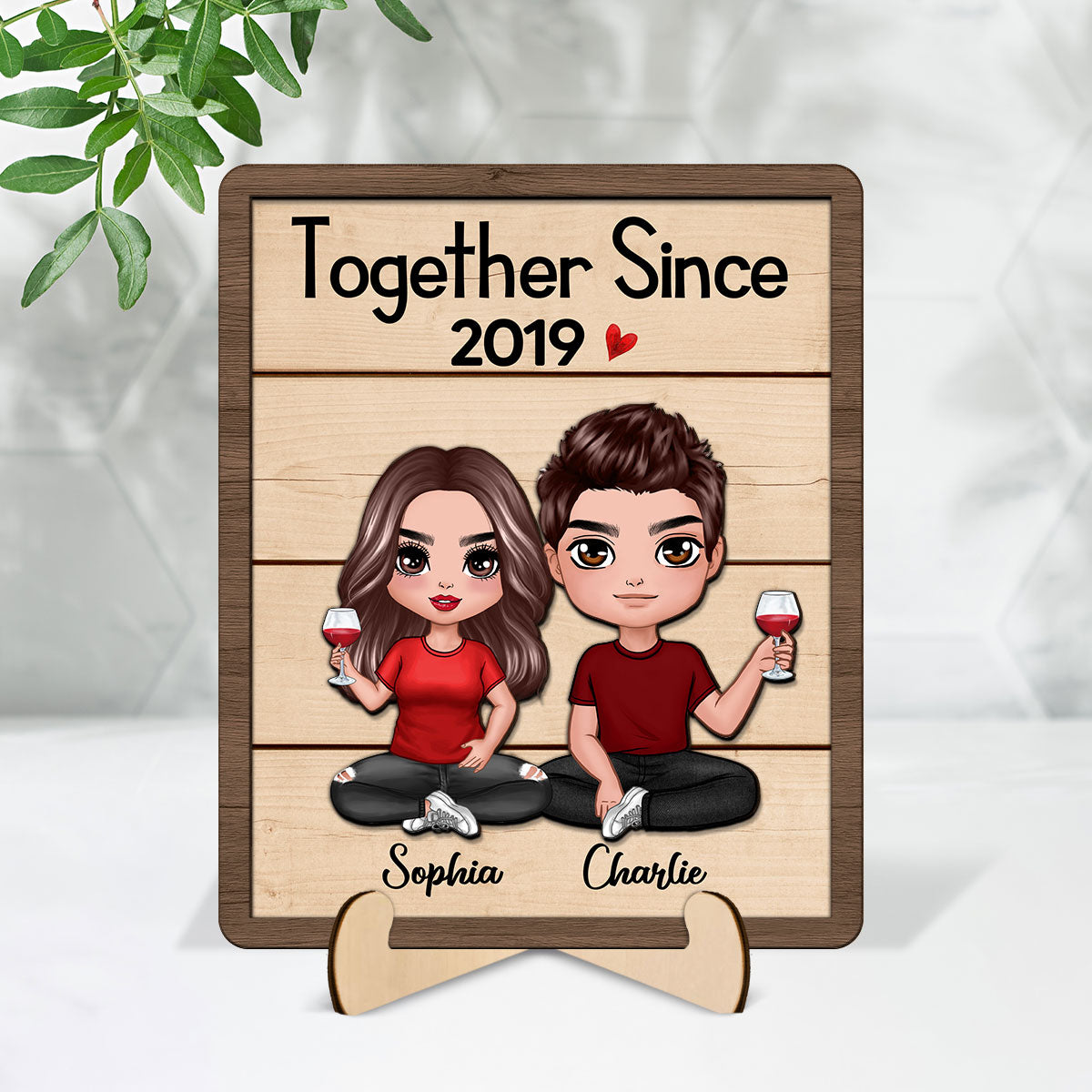 Doll Couple Sitting Gift For Him Gift For Her Personalized 2-Layered Wooden Plaque