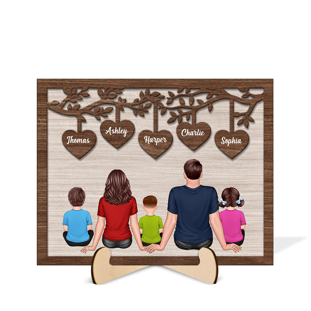 The Whole Family Sitting Under Heart Tree Personalized 2-Layered Wooden Plaque