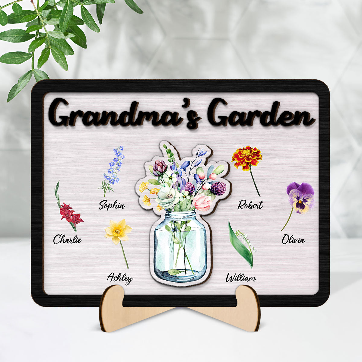 Grandma‘s Garden Birth Month Flowers Flowers In Jar Personalized 2-layer Wooden Plaque