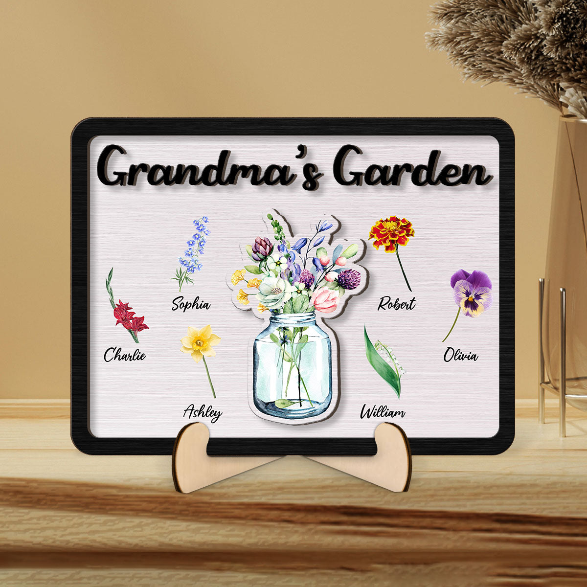 Grandma‘s Garden Birth Month Flowers Flowers In Jar Personalized 2-layer Wooden Plaque