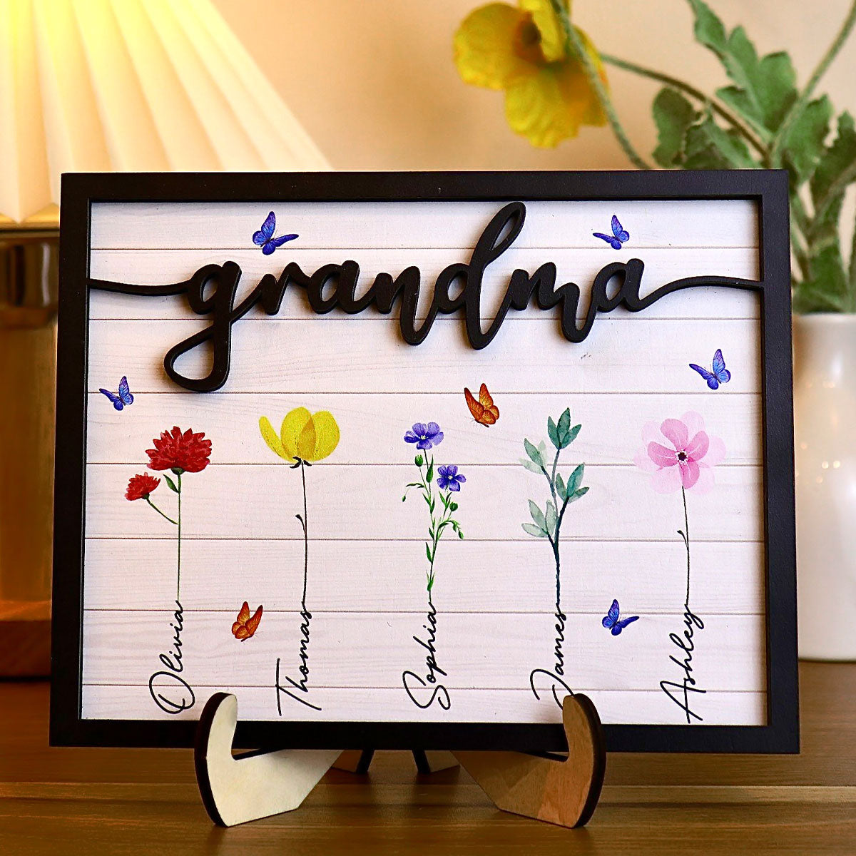 Grandma Grandkids Watercolor Flowers Personalized 2-Layered Wooden Plaque