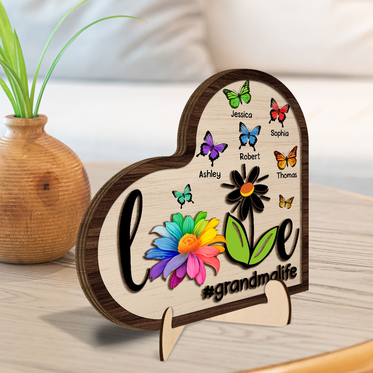 Grandma Mom Life Daisy Butterflies Personalized 2-layered Wooden Plaque