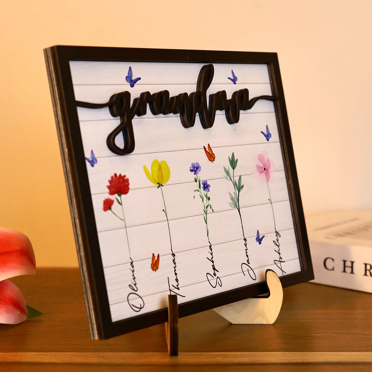 Grandma Grandkids Watercolor Flowers Personalized 2-Layered Wooden Plaque
