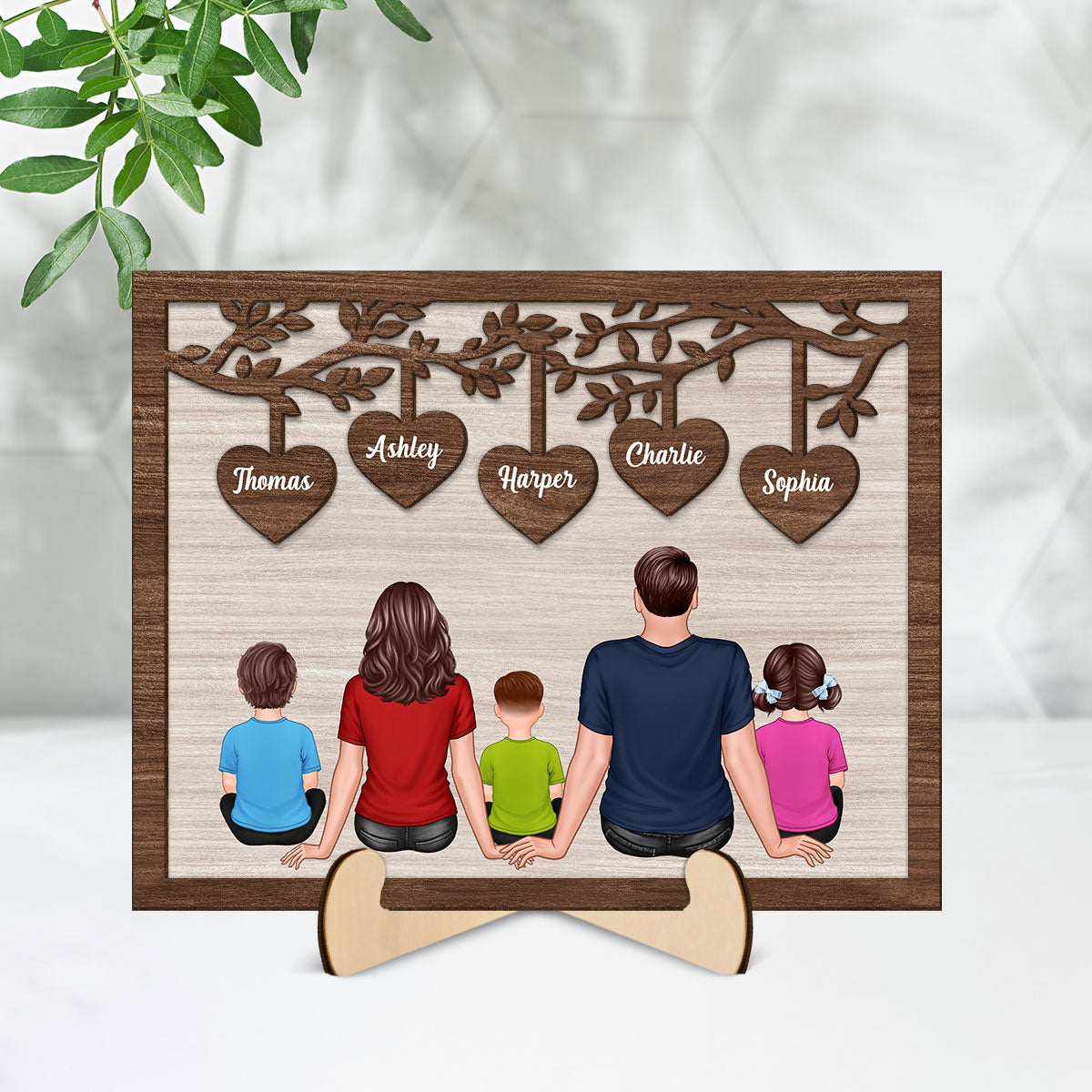 The Whole Family Sitting Under Heart Tree Personalized 2-Layered Wooden Plaque