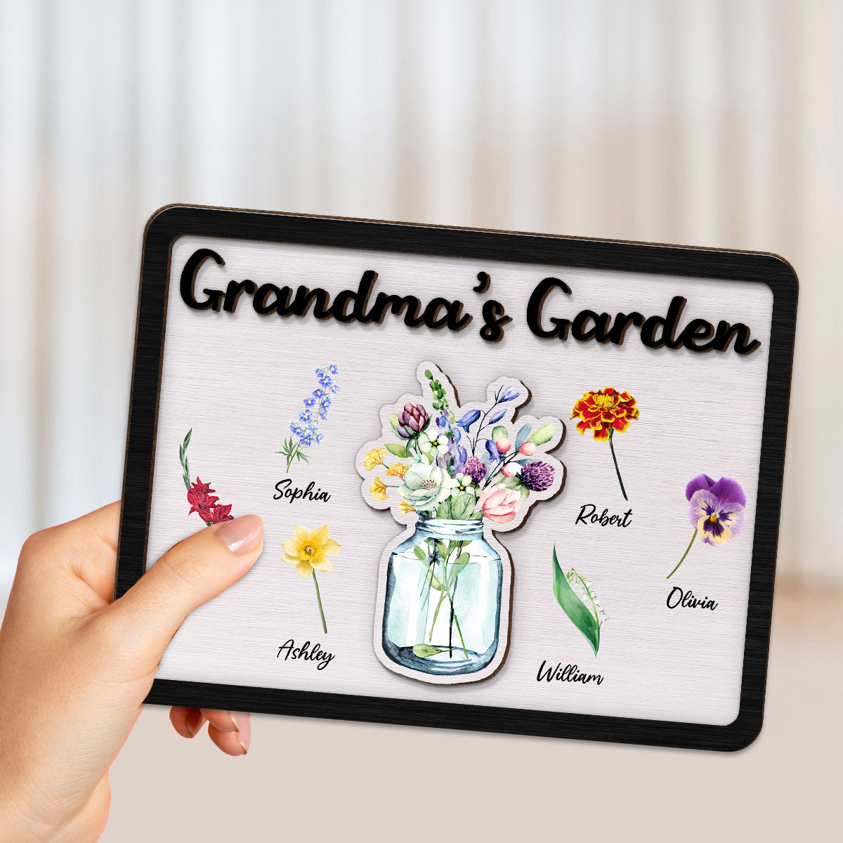 Grandma‘s Garden Birth Month Flowers Flowers In Jar Personalized 2-layer Wooden Plaque