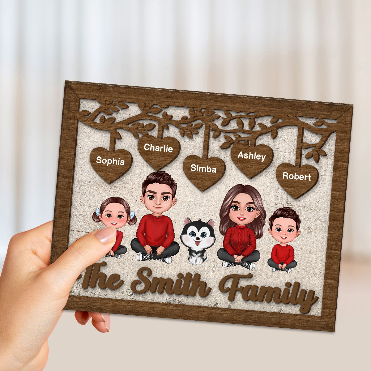 Family Sitting Crossed Legs Under Tree Personalized 2-layered Wooden Plaque