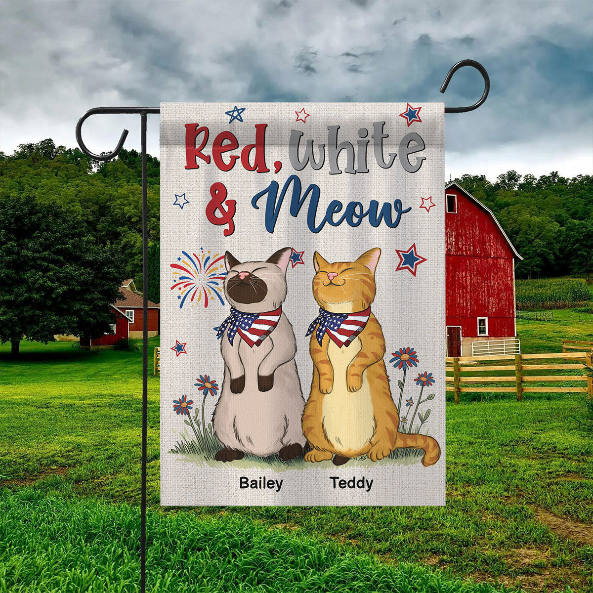 Welcome Red White & Meow Independence Day 4th Of July Decor Personalized Garden Flag