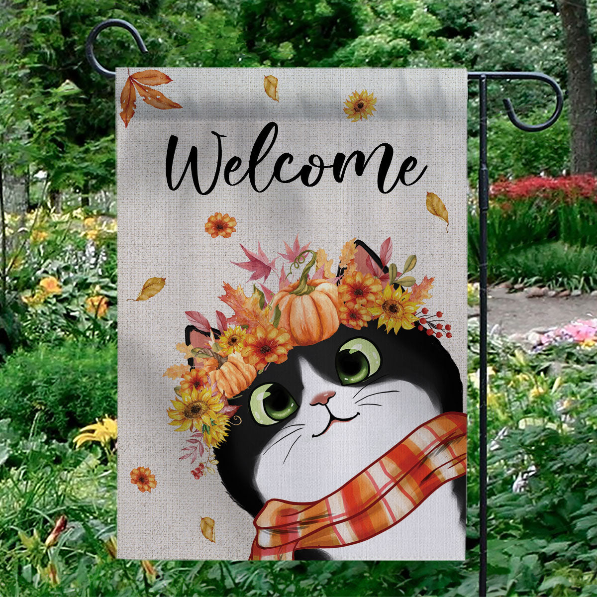Hello Fall Cute Peeking Cat Personalized Garden Flag