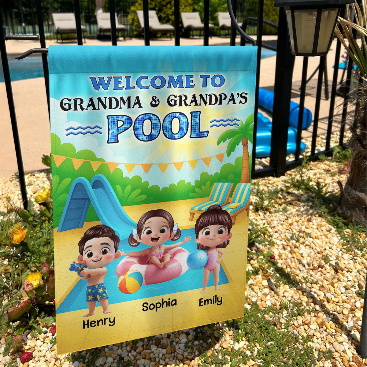 Welcome to Grandma Grandpa's Pool Personalized Garden Flag, Summer Grandkids Welcome Flag