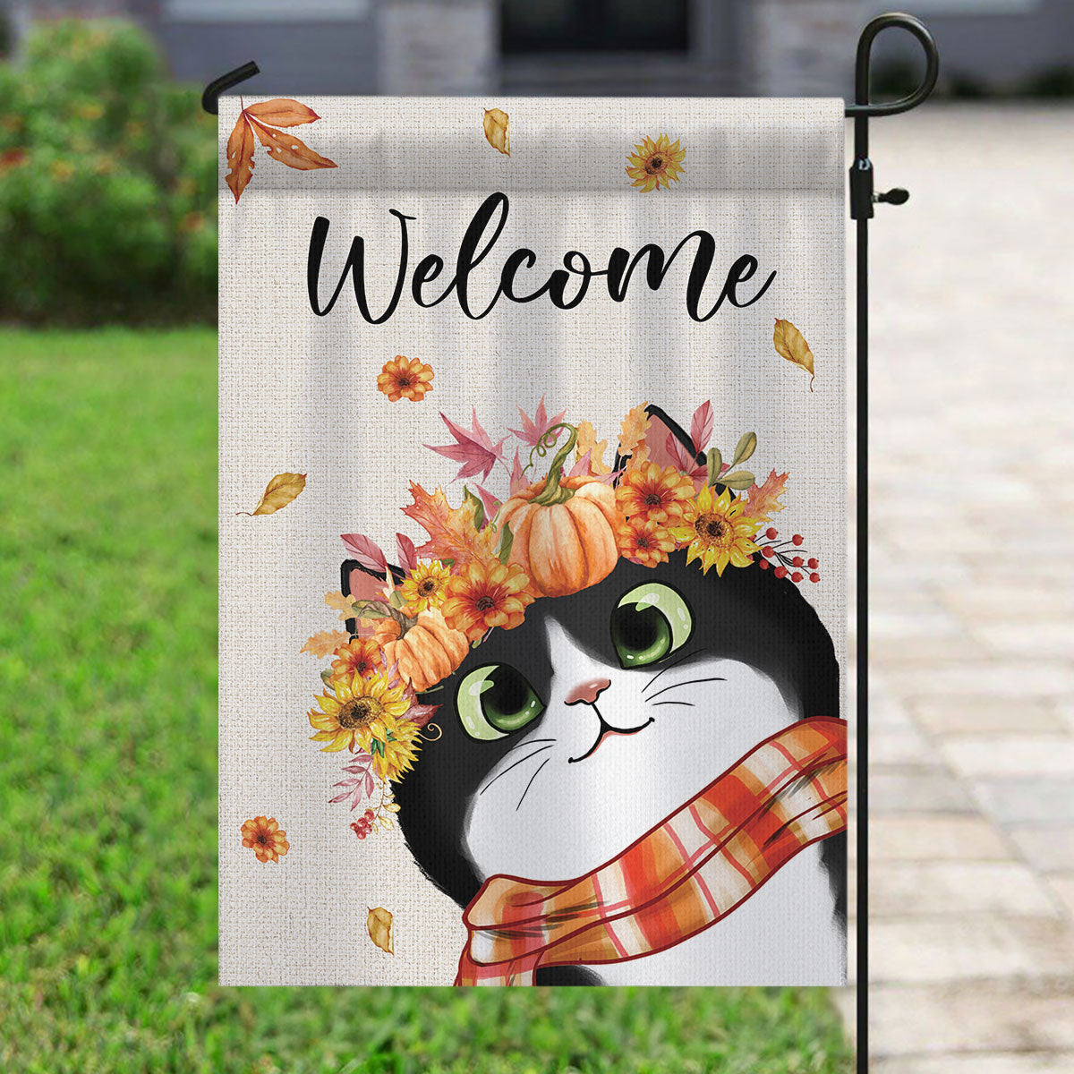 Hello Fall Cute Peeking Cat Personalized Garden Flag