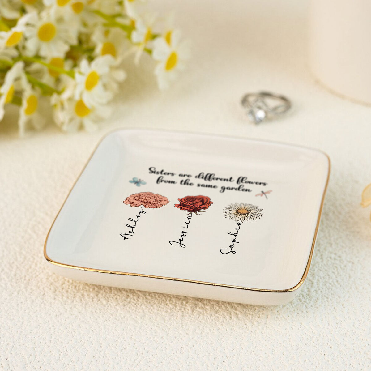Sisters Are Different Flowers From The Same Garden Personalized Jewelry Dish, Gift For Sisters, Siblings, Besties