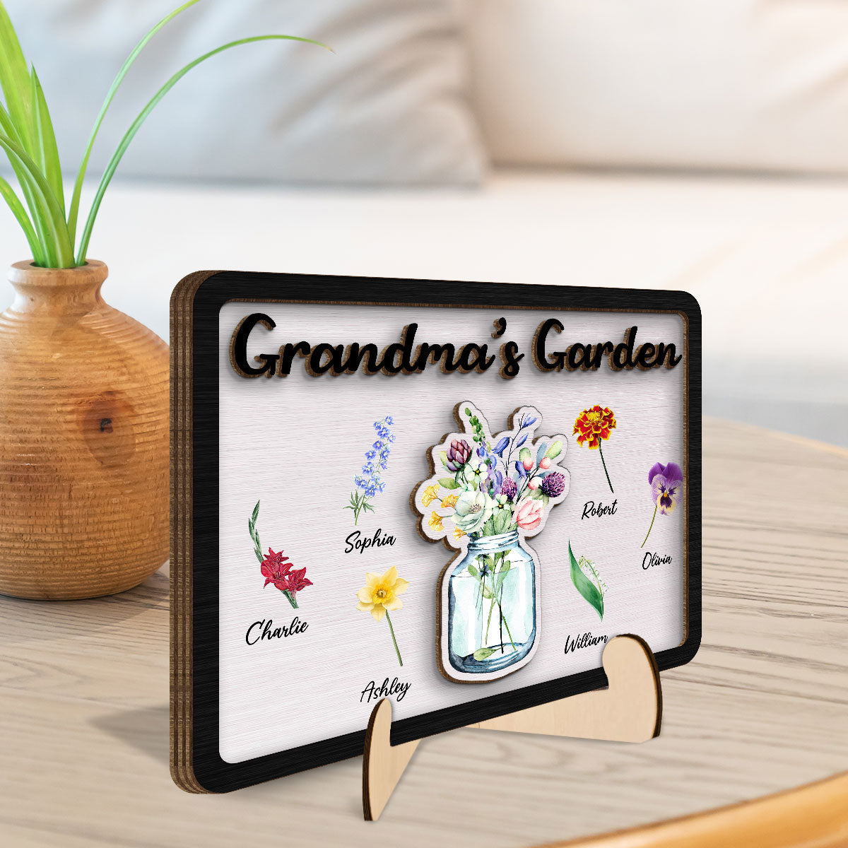 Grandma‘s Garden Birth Month Flowers Flowers In Jar Personalized 2-layer Wooden Plaque