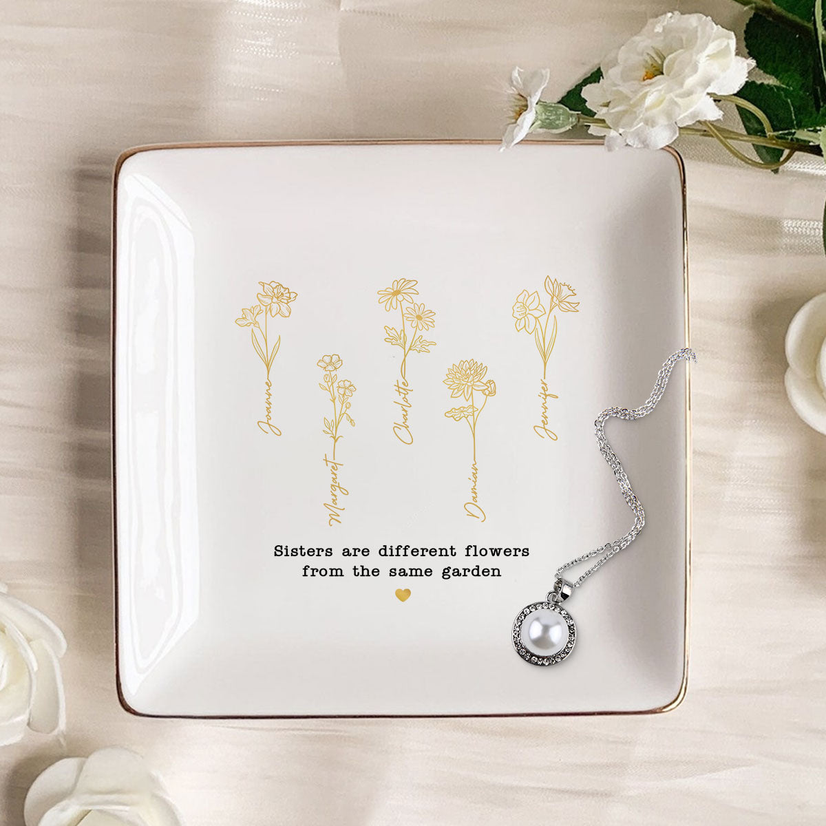 Friends Sisters Besties Birth Month Flowers Personalized Jewelry Dish, Christmas Gift for Sisters, Besties, Best Friends