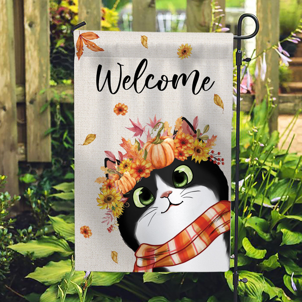 Hello Fall Cute Peeking Cat Personalized Garden Flag