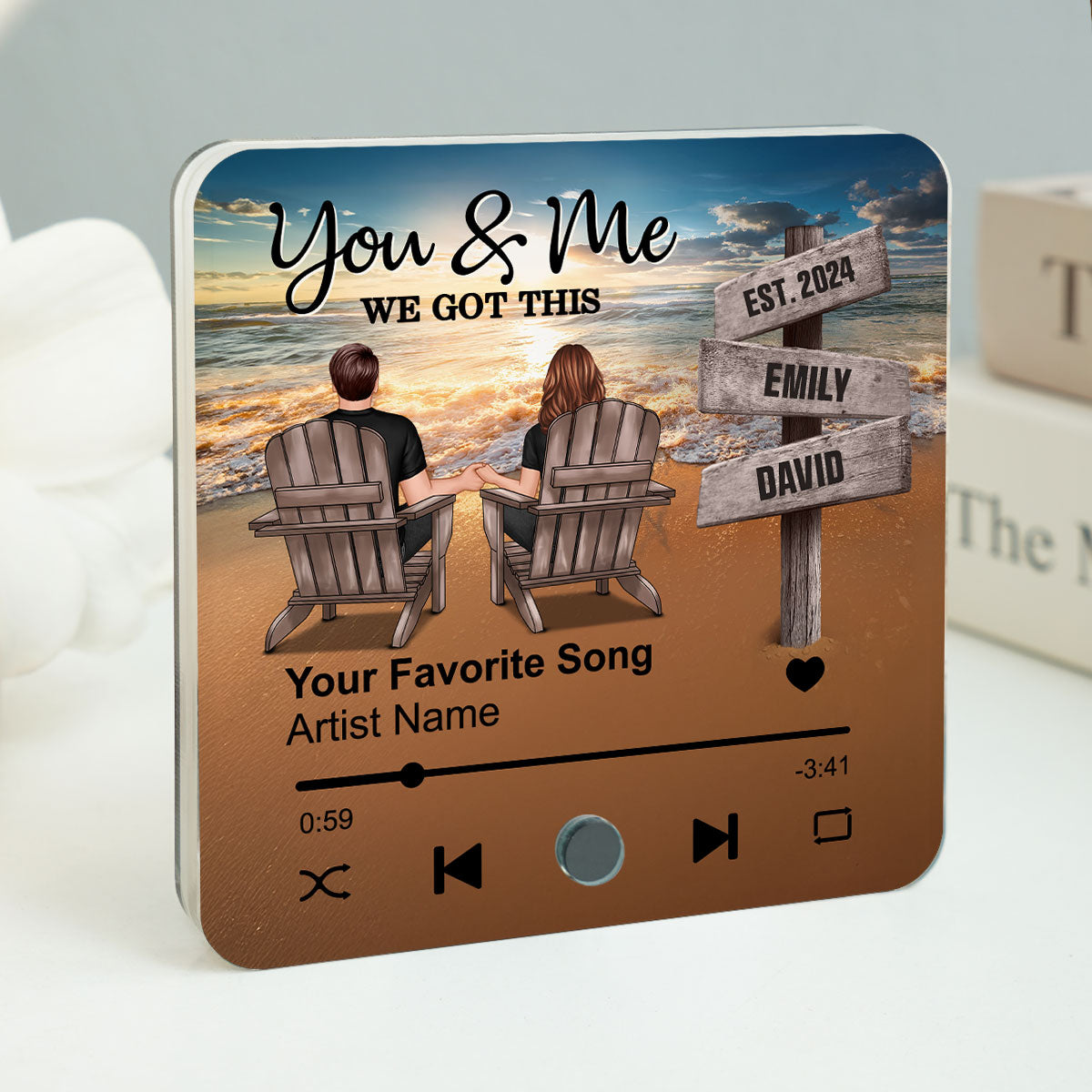 Romantic Beach Landscape Couple Sitting Holding Hands Sign Posts Personalized Music Fridge Magnet, Heartfelt 2025  Gift For Couple, For Him, For Her, Boyfriend, Girlfriend, Husband, Wife