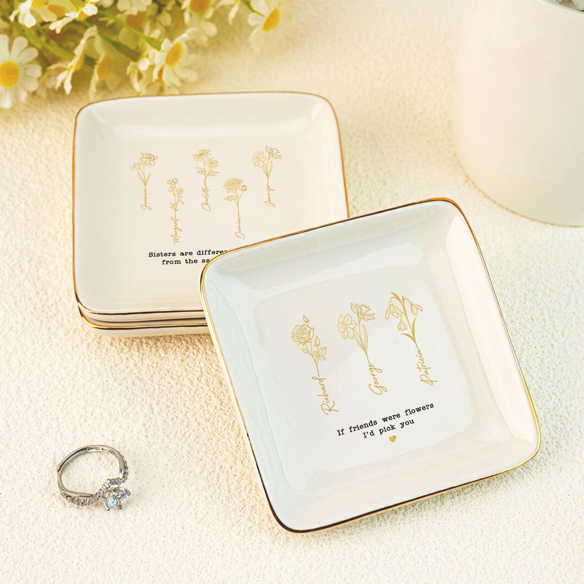 Friends Sisters Besties Birth Month Flowers Personalized Jewelry Dish, Christmas Gift for Sisters, Besties, Best Friends
