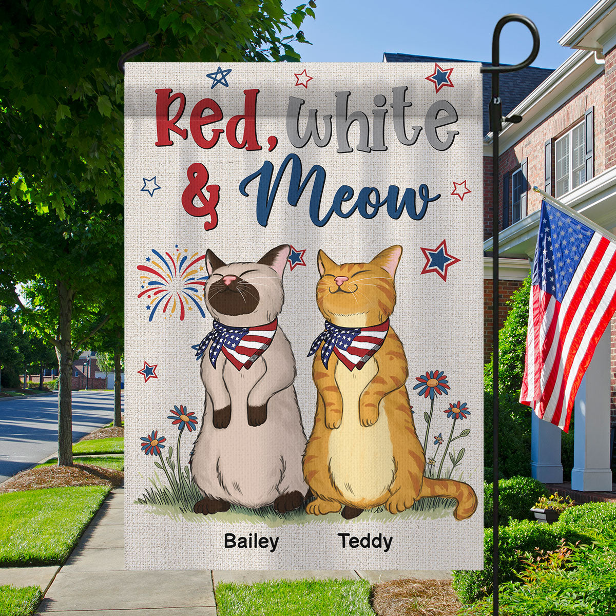 Welcome Red White & Meow Independence Day 4th Of July Decor Personalized Garden Flag