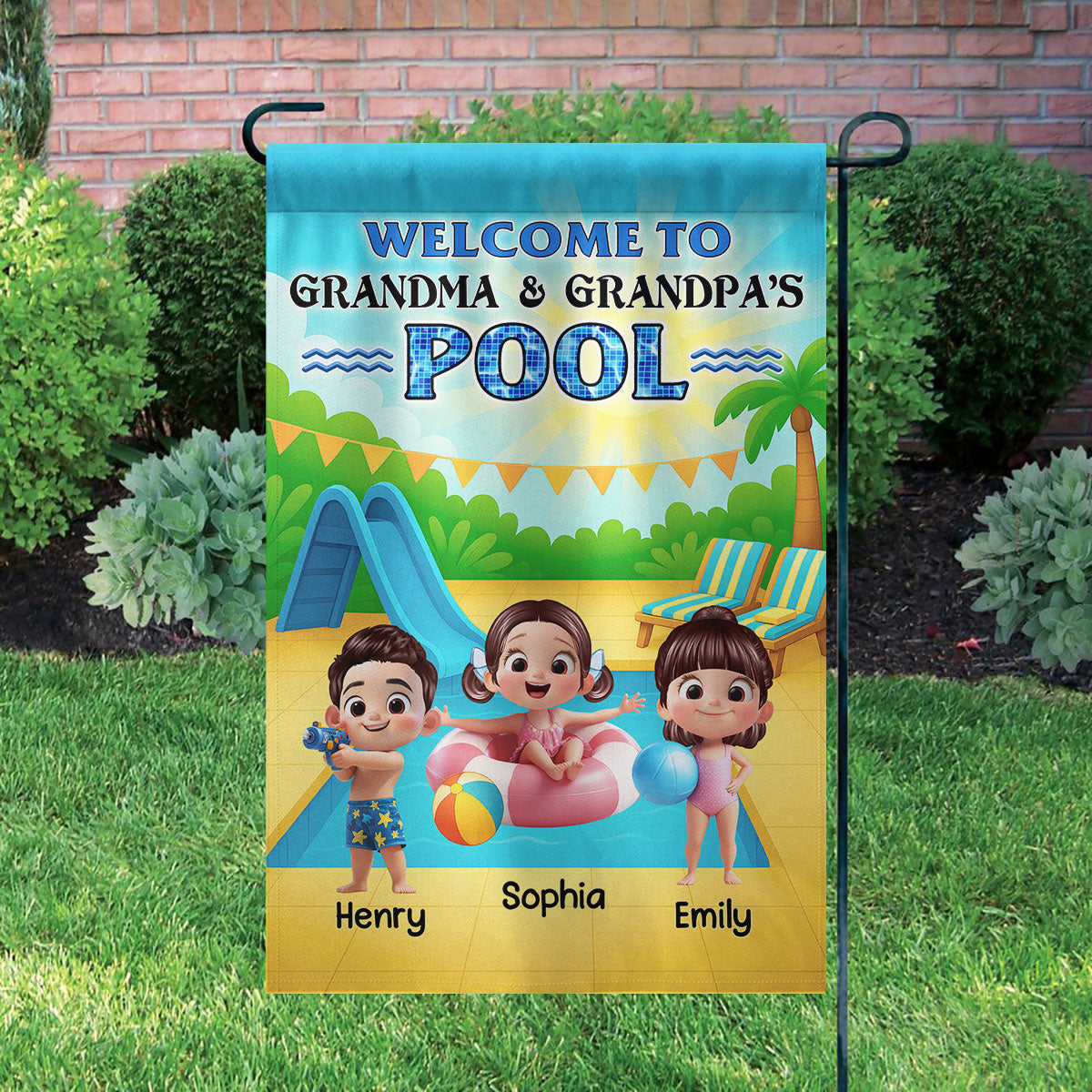Welcome to Grandma Grandpa's Pool Personalized Garden Flag, Summer Grandkids Welcome Flag