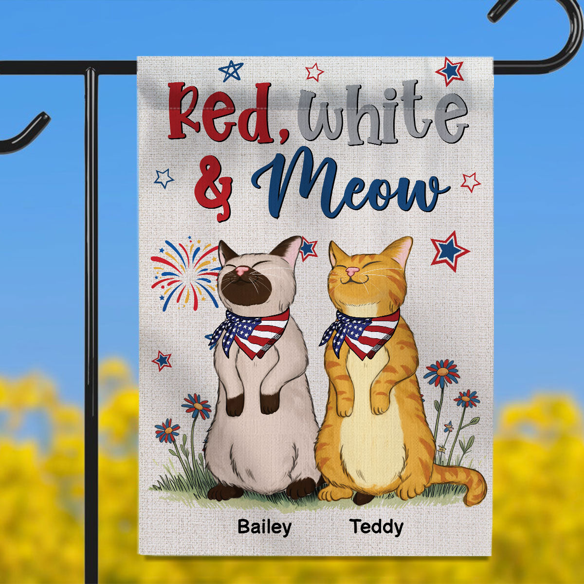 Welcome Red White & Meow Independence Day 4th Of July Decor Personalized Garden Flag