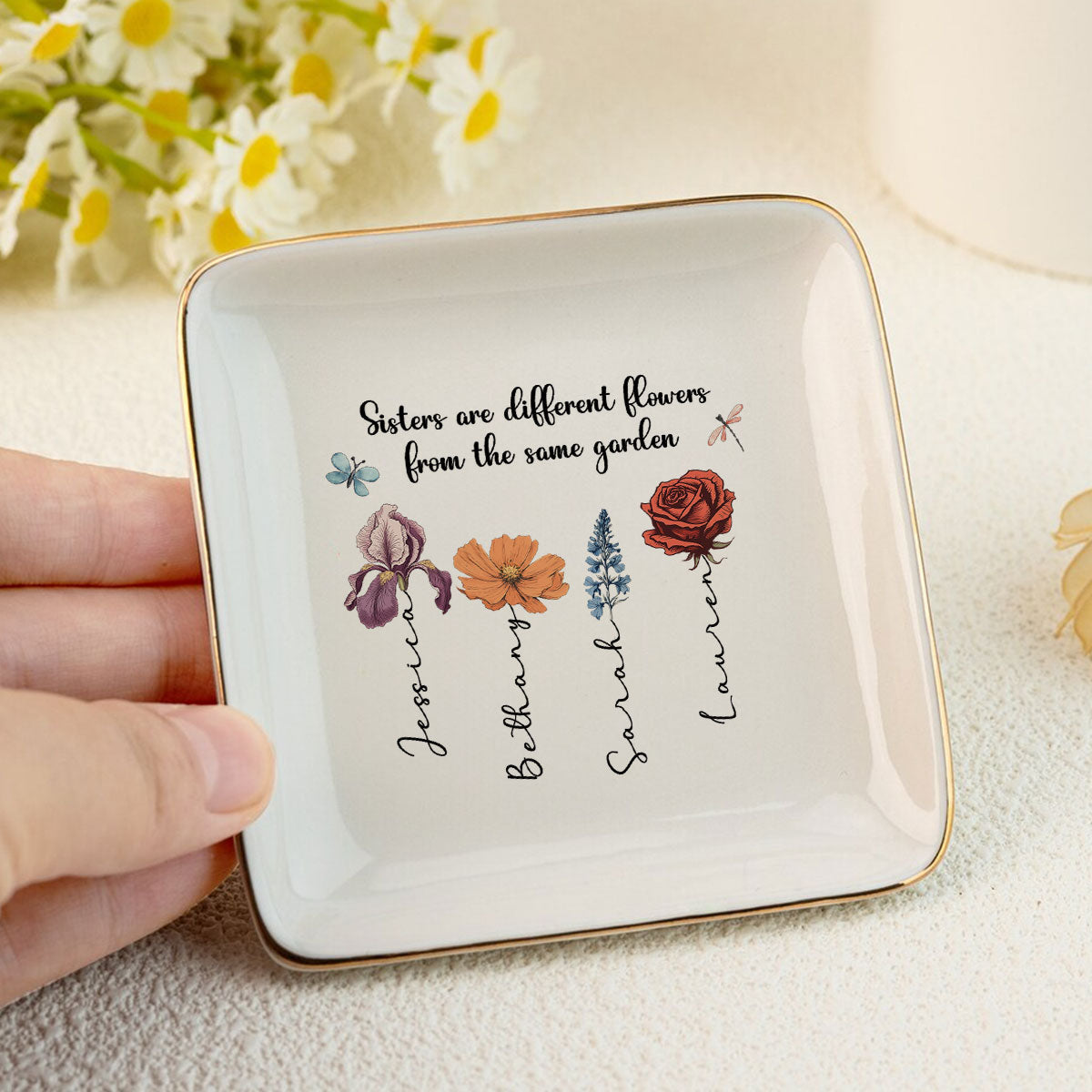 Sisters Are Different Flowers From The Same Garden Personalized Jewelry Dish, Gift For Sisters, Siblings, Besties
