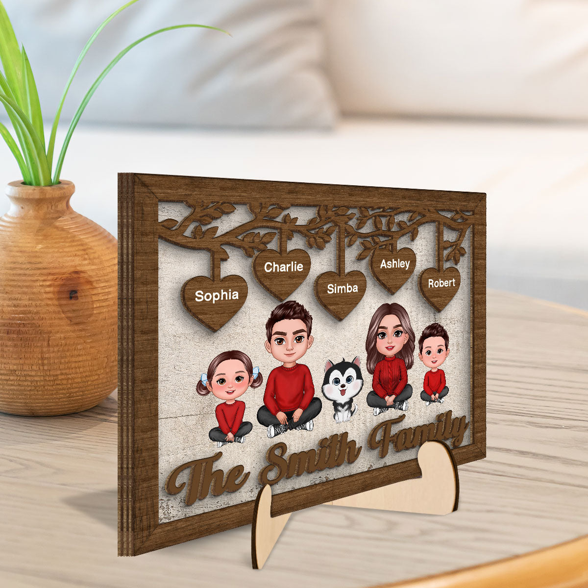 Family Sitting Crossed Legs Under Tree Personalized 2-layered Wooden Plaque