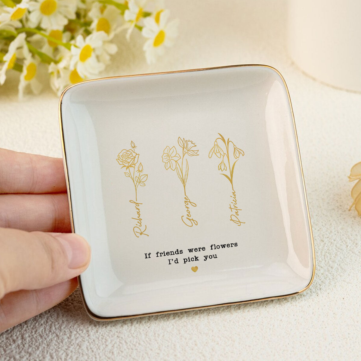 Friends Sisters Besties Birth Month Flowers Personalized Jewelry Dish, Christmas Gift for Sisters, Besties, Best Friends