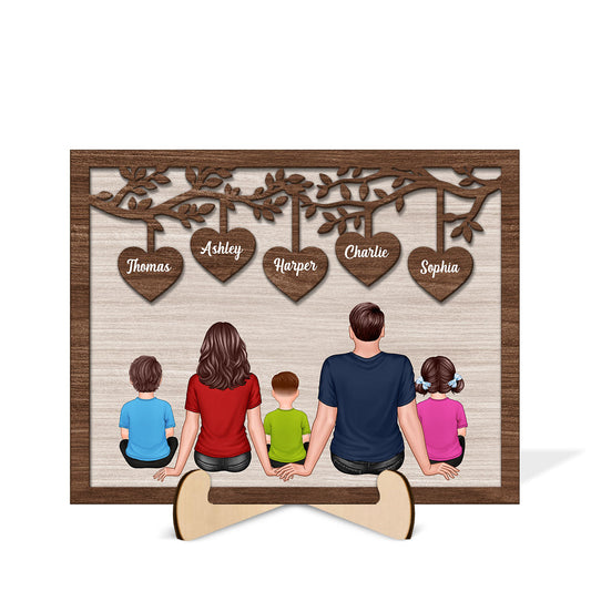 The Whole Family Sitting Under Heart Tree Personalized 2-Layered Wooden Plaque