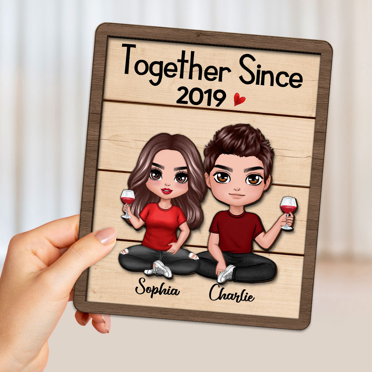 Doll Couple Sitting Gift For Him Gift For Her Personalized 2-Layered Wooden Plaque