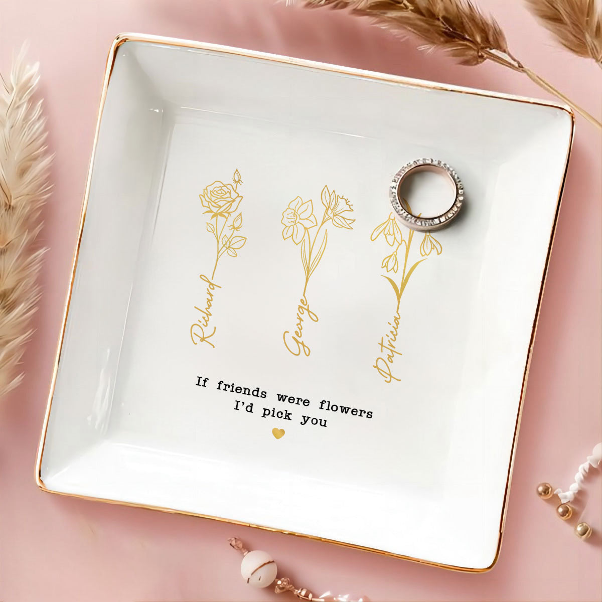 Friends Sisters Besties Birth Month Flowers Personalized Jewelry Dish, Christmas Gift for Sisters, Besties, Best Friends