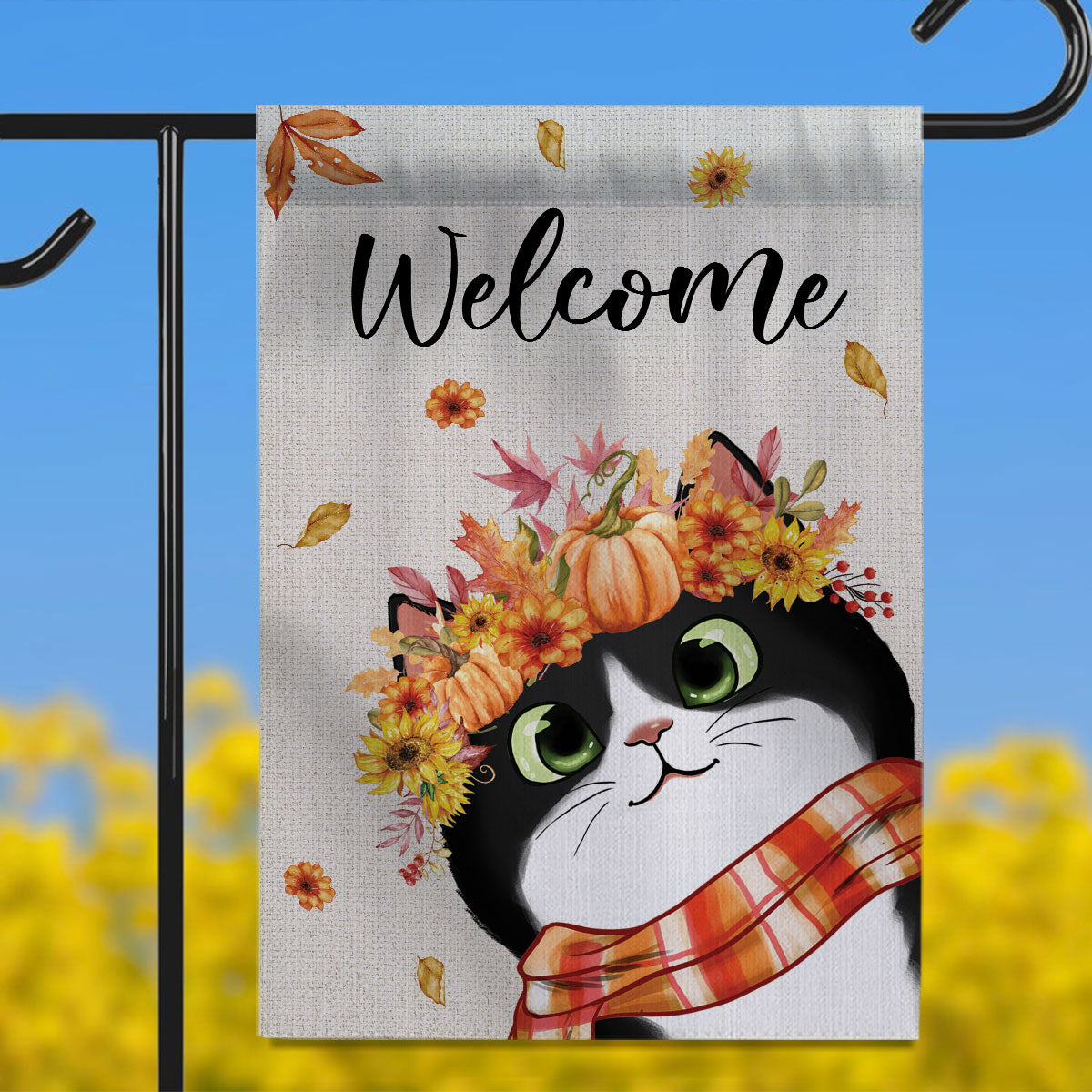 Hello Fall Cute Peeking Cat Personalized Garden Flag