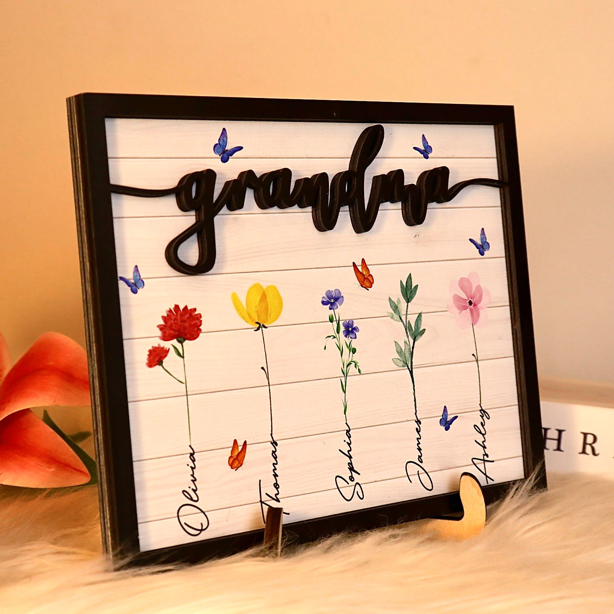 Grandma Grandkids Watercolor Flowers Personalized 2-Layered Wooden Plaque