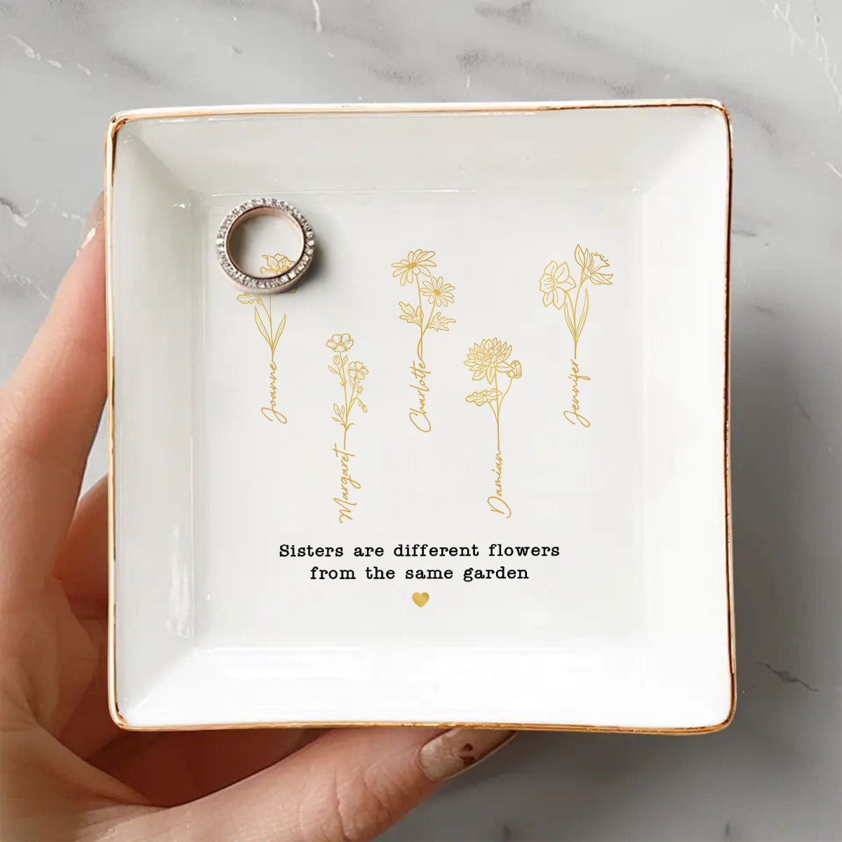 Friends Sisters Besties Birth Month Flowers Personalized Jewelry Dish, Christmas Gift for Sisters, Besties, Best Friends