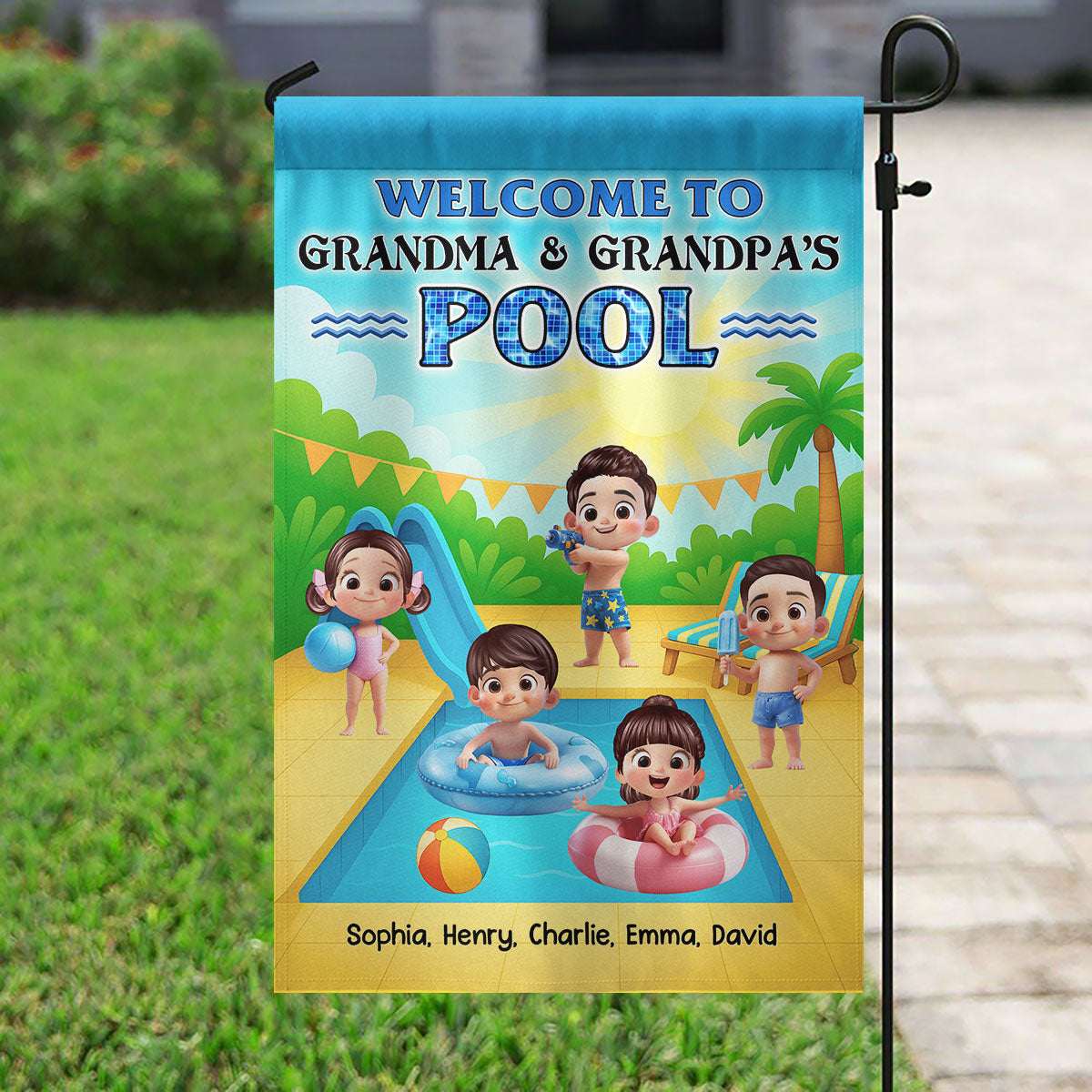 Welcome to Grandma Grandpa's Pool Personalized Garden Flag, Summer Grandkids Welcome Flag