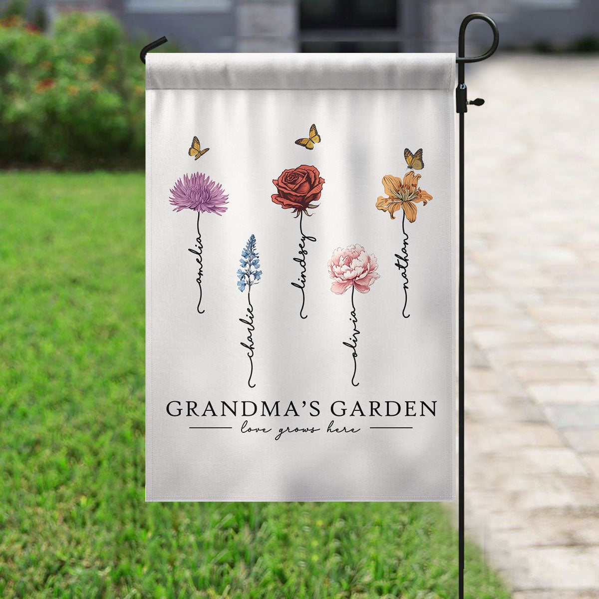 Grandma‘s Garden Love Grows Here Beautiful Birth Month Flower Gift For Grandma Mom Personalized Garden Flag