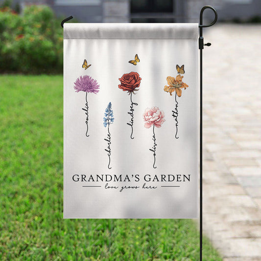 Grandma‘s Garden Love Grows Here Beautiful Birth Month Flower Gift For Grandma Mom Personalized Garden Flag