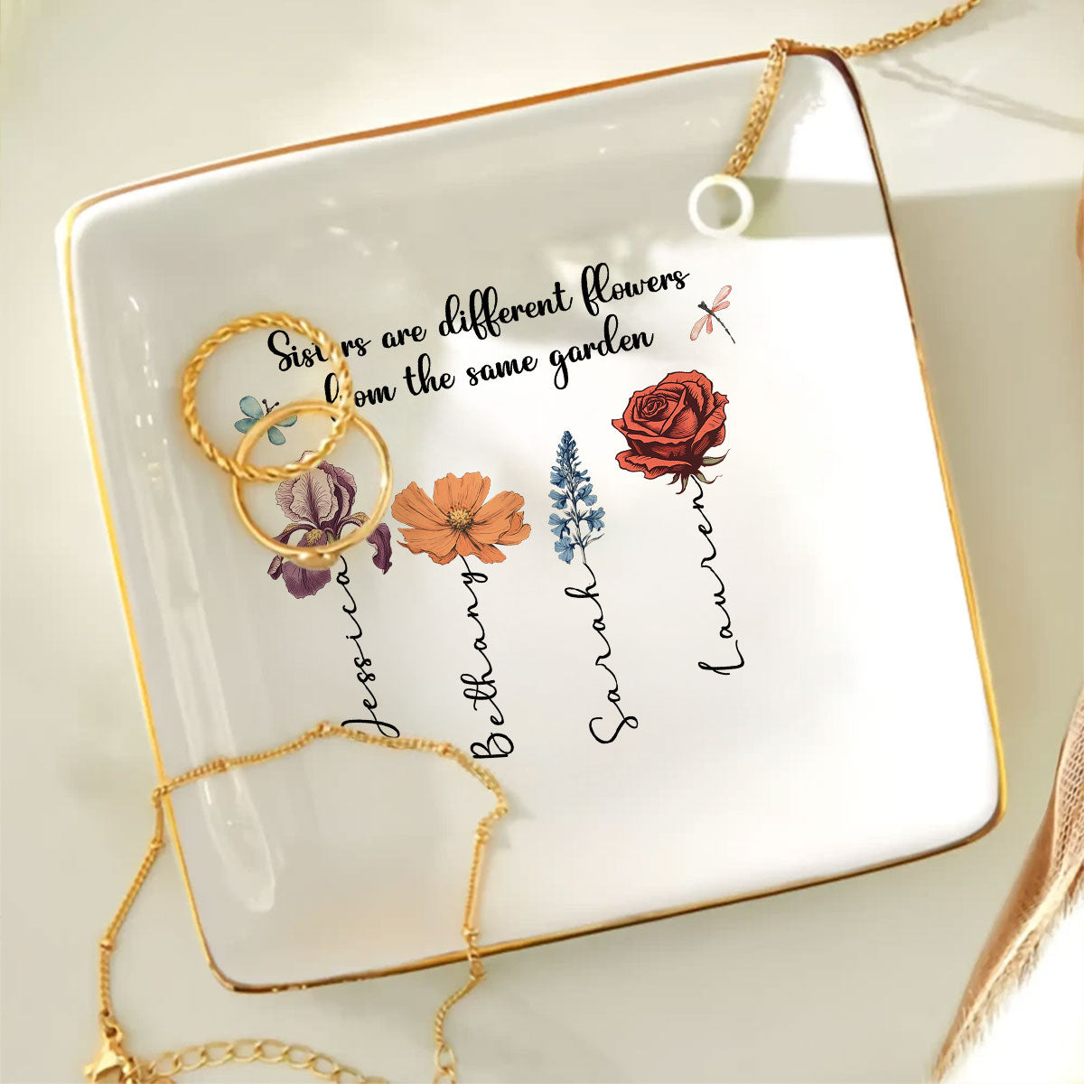 Sisters Are Different Flowers From The Same Garden Personalized Jewelry Dish, Gift For Sisters, Siblings, Besties