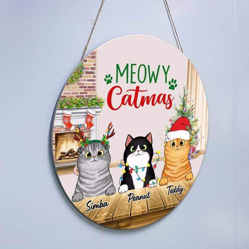 Meowy Catmas Fluffy Cats In House Christmas Personalized Door Hanger Sign