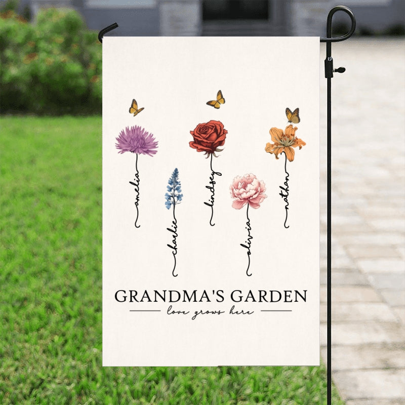 Grandma‘s Garden Love Grows Here Beautiful Birth Month Flower Gift For Grandma Mom Personalized Garden Flag