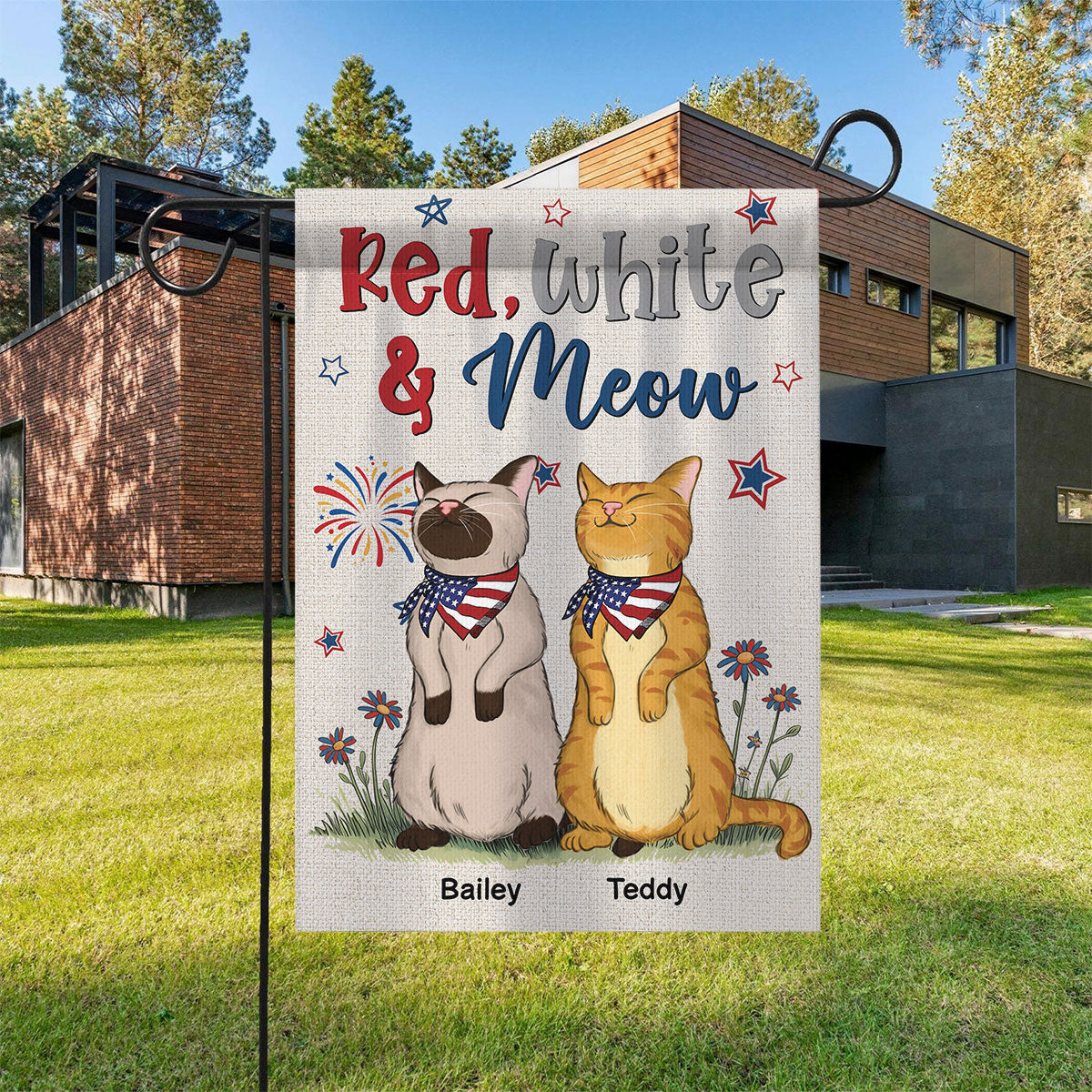 Welcome Red White & Meow Independence Day 4th Of July Decor Personalized Garden Flag
