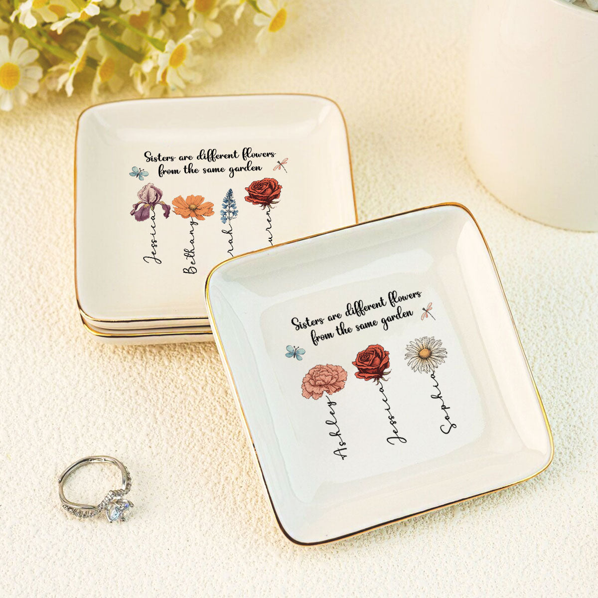 Sisters Are Different Flowers From The Same Garden Personalized Jewelry Dish, Gift For Sisters, Siblings, Besties