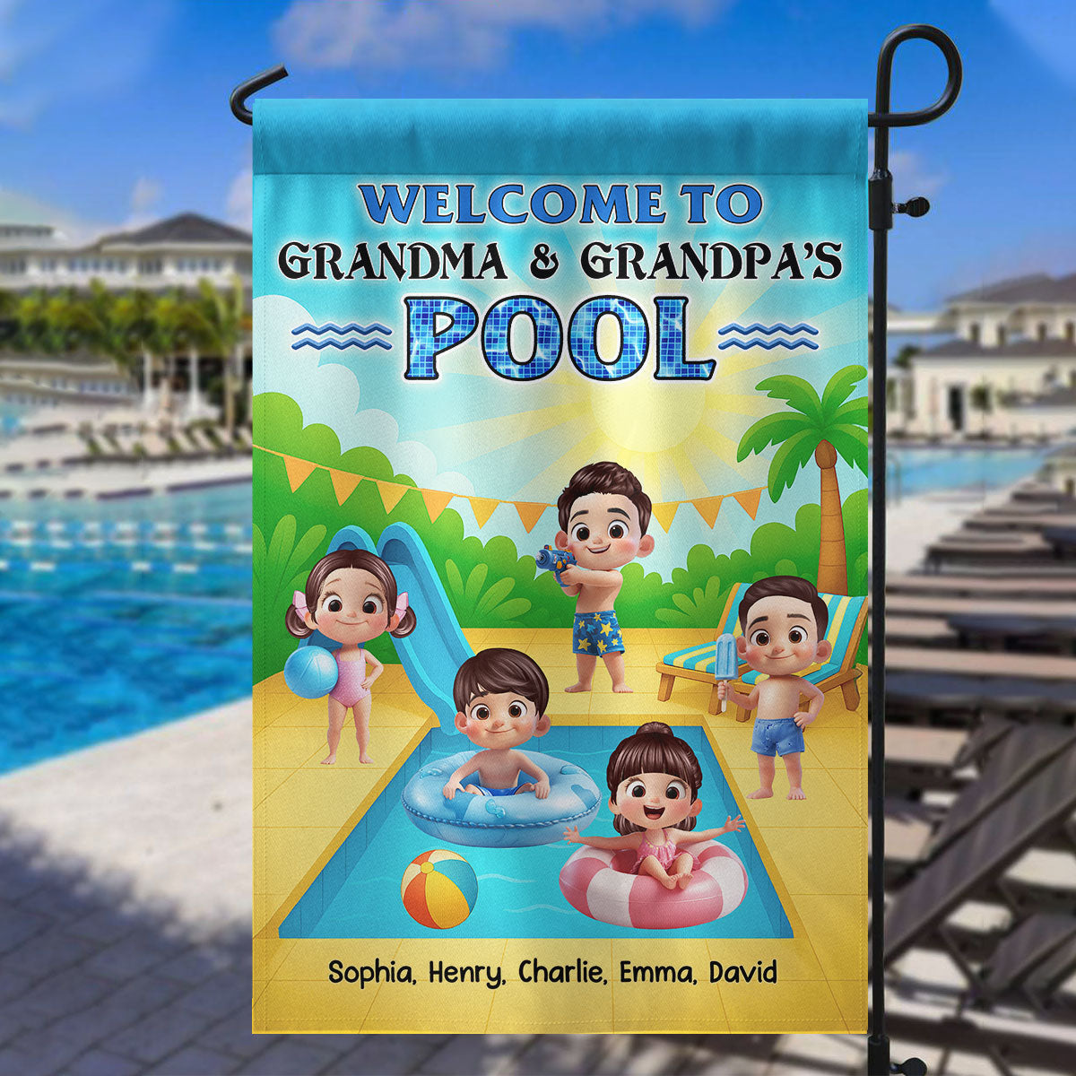 Welcome to Grandma Grandpa's Pool Personalized Garden Flag, Summer Grandkids Welcome Flag