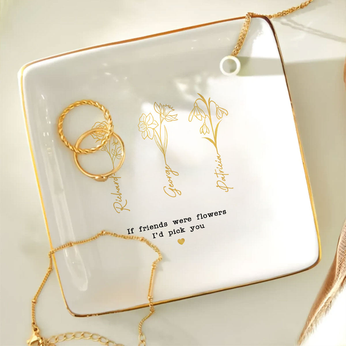 Friends Sisters Besties Birth Month Flowers Personalized Jewelry Dish, Christmas Gift for Sisters, Besties, Best Friends