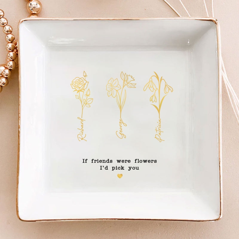 Friends Sisters Besties Birth Month Flowers Personalized Jewelry Dish, Christmas Gift for Sisters, Besties, Best Friends