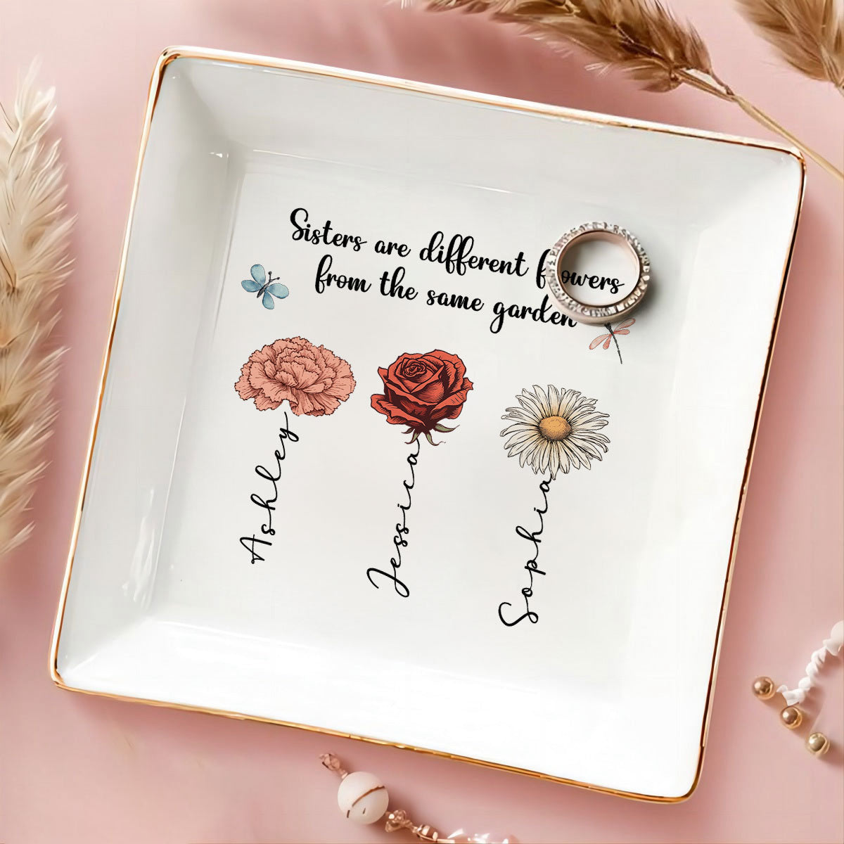 Sisters Are Different Flowers From The Same Garden Personalized Jewelry Dish, Gift For Sisters, Siblings, Besties